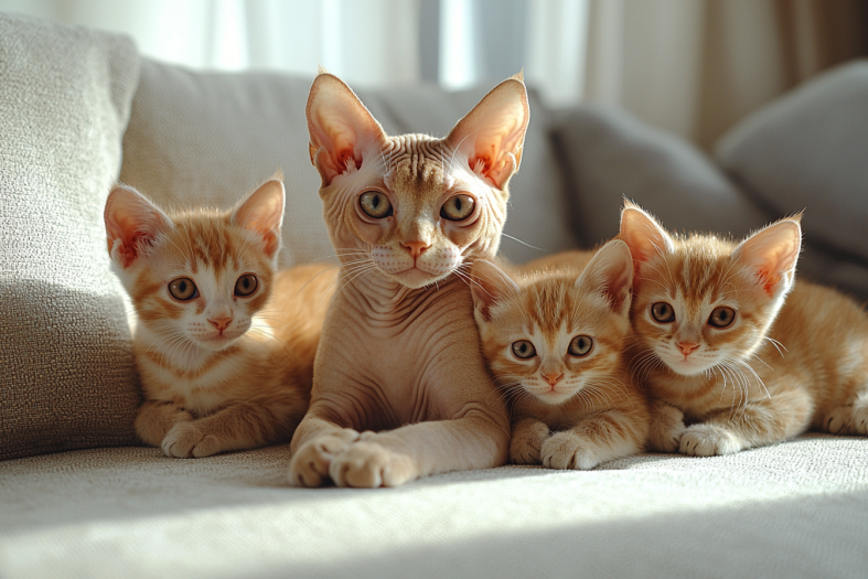 Sphynx cat mother with her three kittens