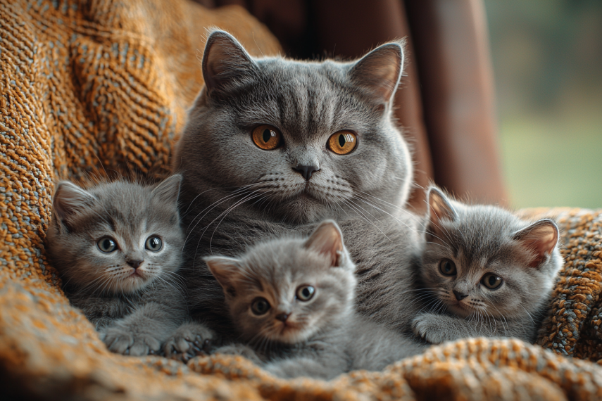 A dignified British Shorthair mother cat with her three plump, curious kittens