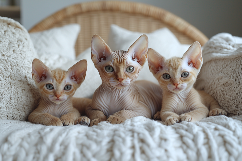 A regal Sphynx mother cat with her three playful kittens