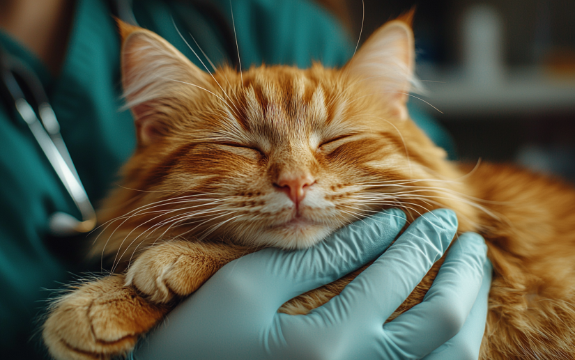 a ginger cat in veterinarian's hands