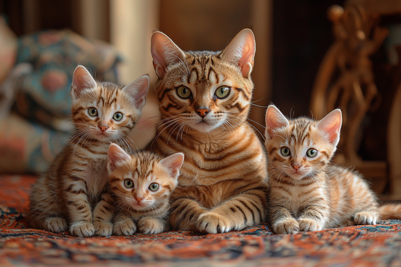 A striking Bengal mother cat with Her three energetic kittens