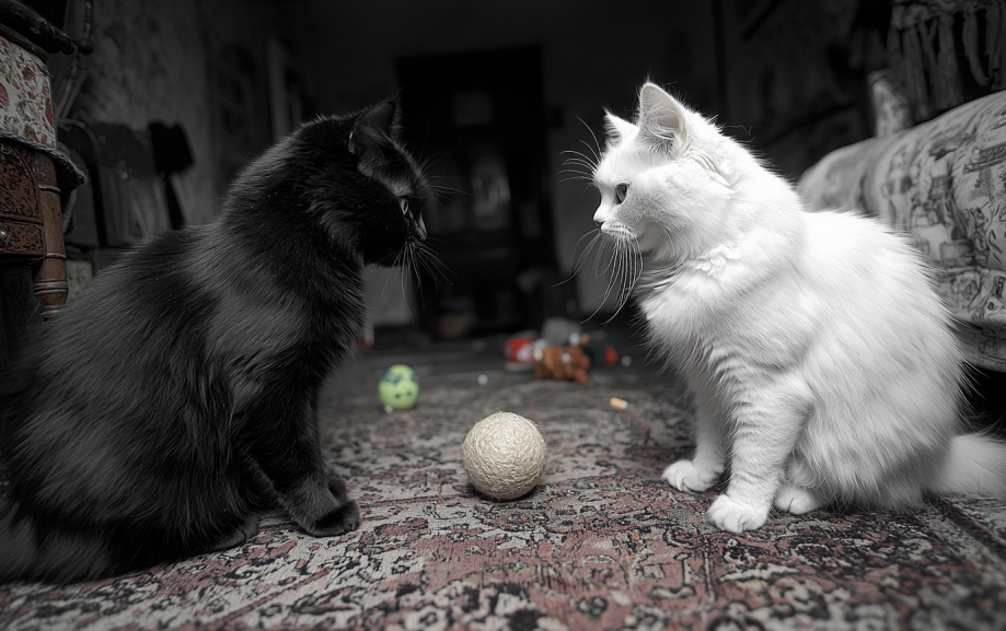 two cats fighting over a ball