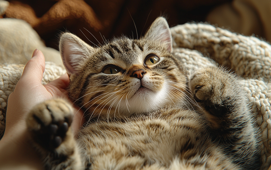 Cat laying on owners hands