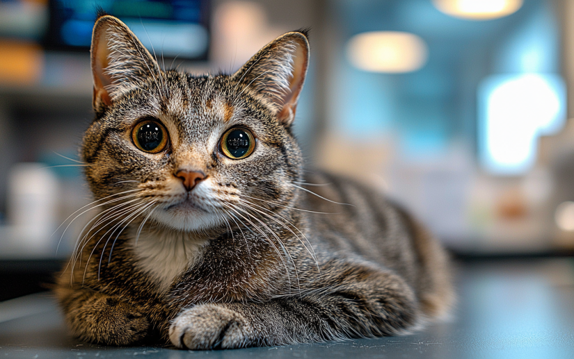 a grey cat at the veterinary table