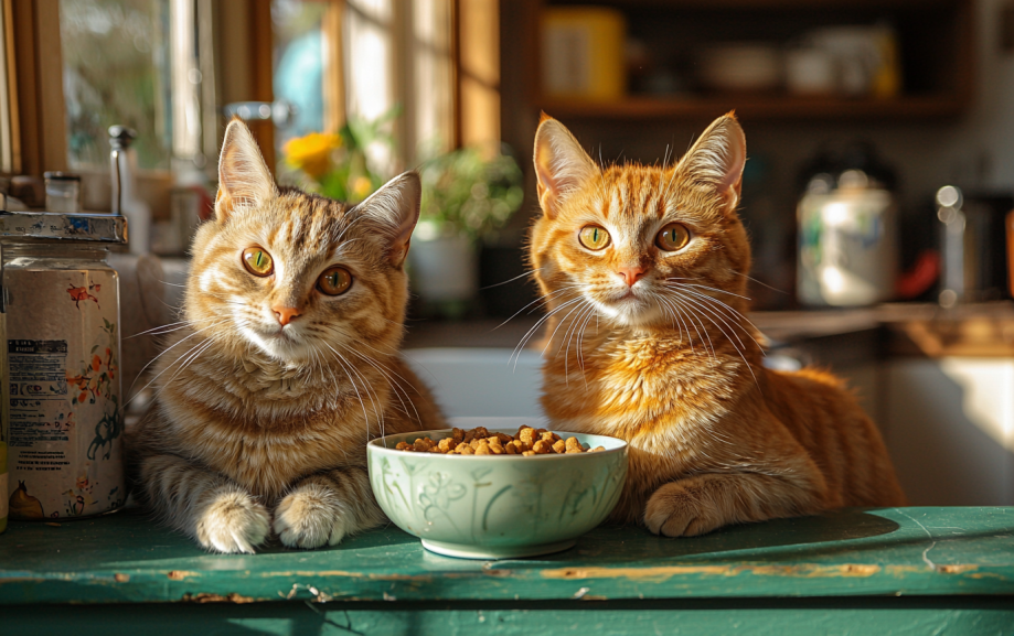 Two cats sitting beside a bowl of high quality cat food