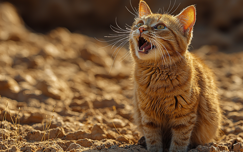 A cat got heat strike in desert