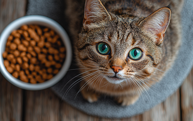 An indoor cat eating his food