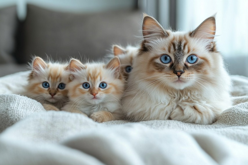 A serene Ragdoll mother cat with her kitten