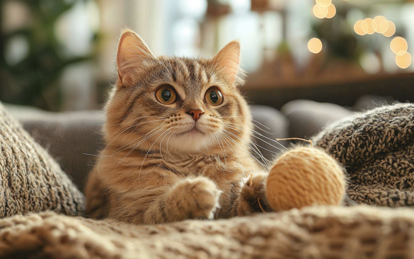 A cute kitten playing with a its toy