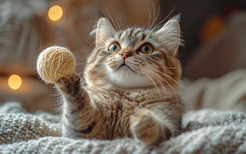 A fluffy kitten playing with a its toy