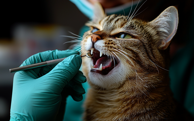 Veterinary checking cat teeth