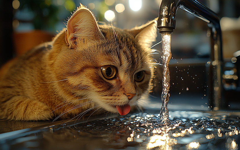 ginger cat drinking from the tap