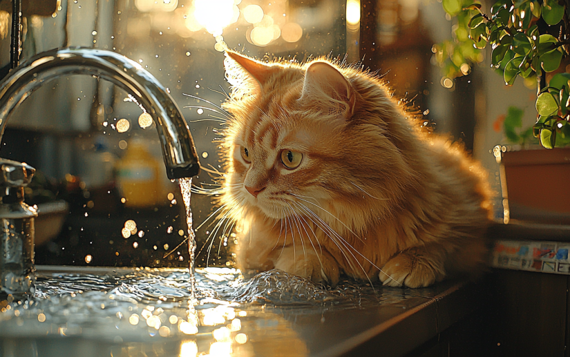 ginger cat looking at the tap