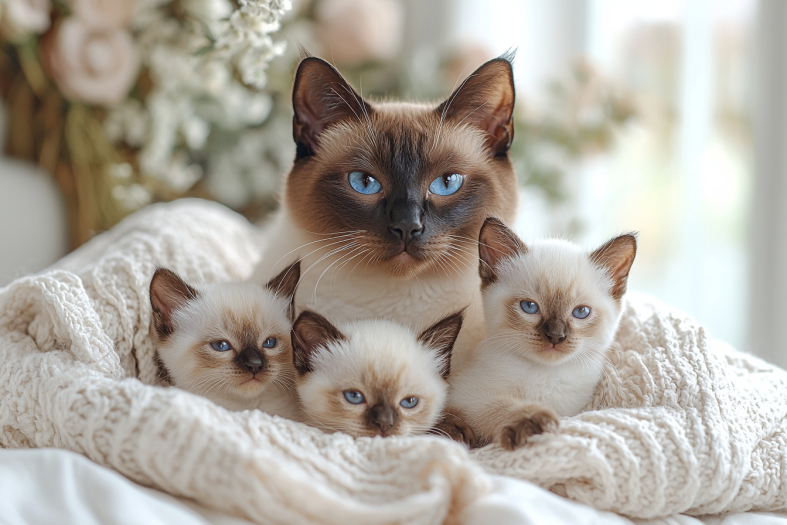 A serene family scene of Siamese cats