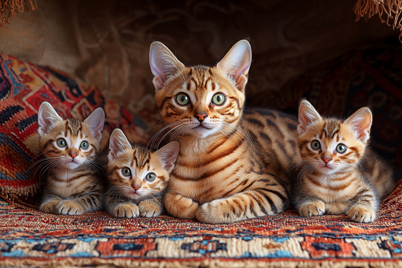bengal cat mother with her kittens