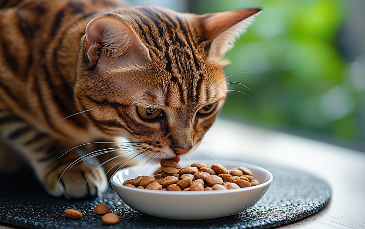 Adorable bengal cat eating