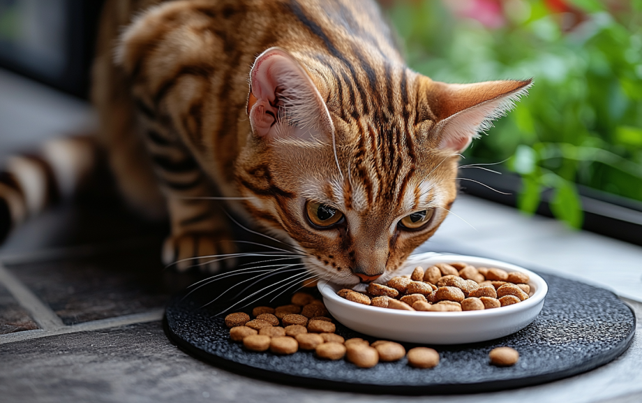 Cute bengal cat eating