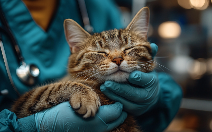 sleepy cat in veterinarian's hands