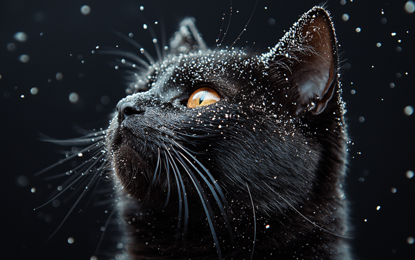 A black cat with dandruff