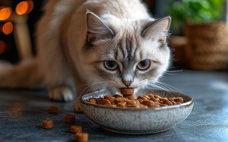 A beautiful cat eating dry cat food