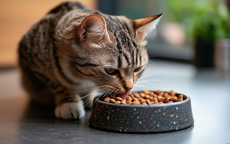 A cat eating delicious dry cat food