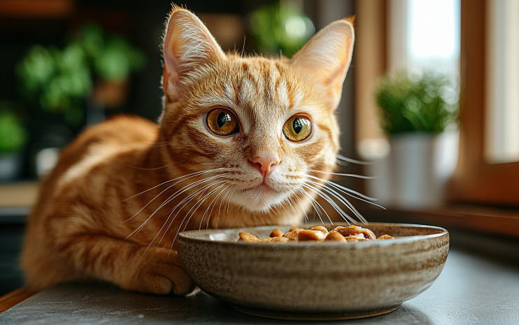 A cat eating high quality dry cat food