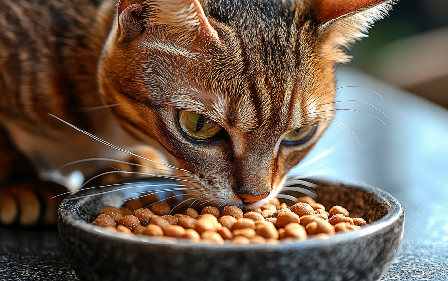 A close up photo of a cat eating dry cat food