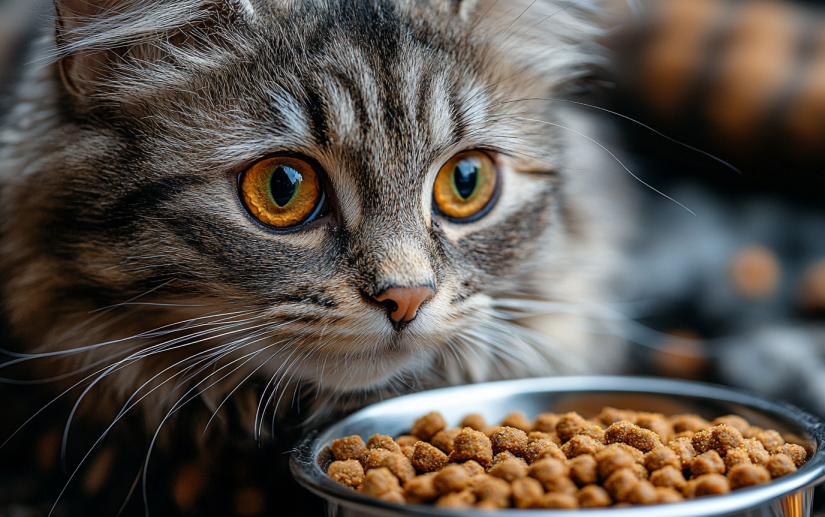 serving a fluffy cat his food