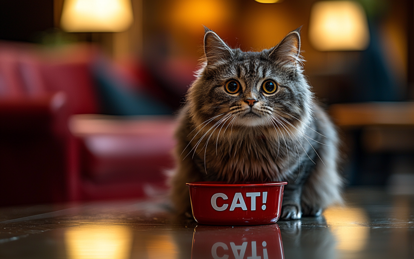 Cute fluffy cat eating