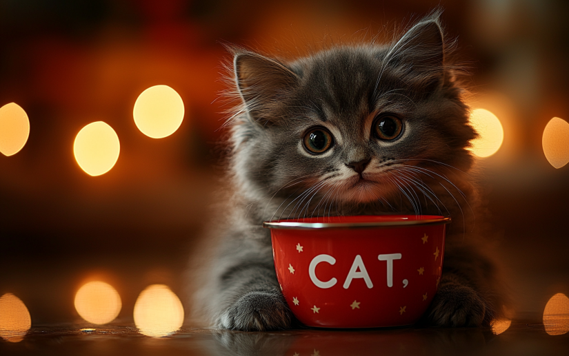 Cute fluffy gray cat eating