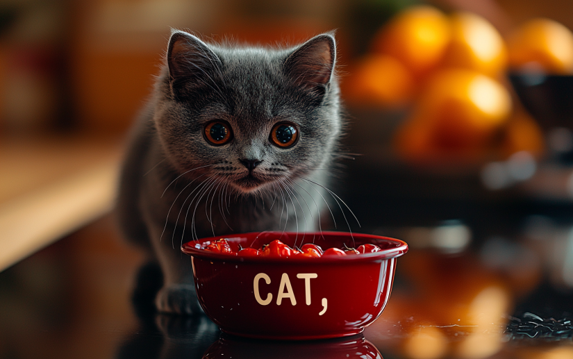 A cute fluffy cat eating his food