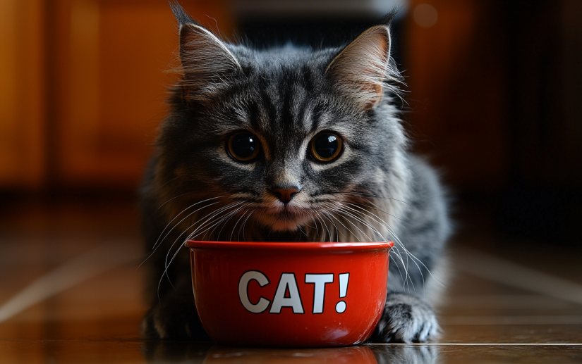 Beautiful fluffy cat eating his food