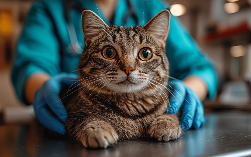 A cat getting checked up by veterinarian