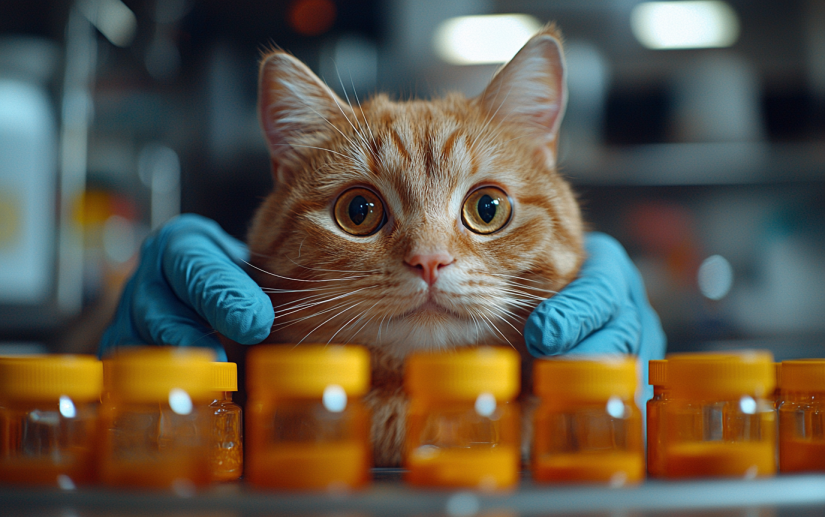 A ginger cat getting checked up