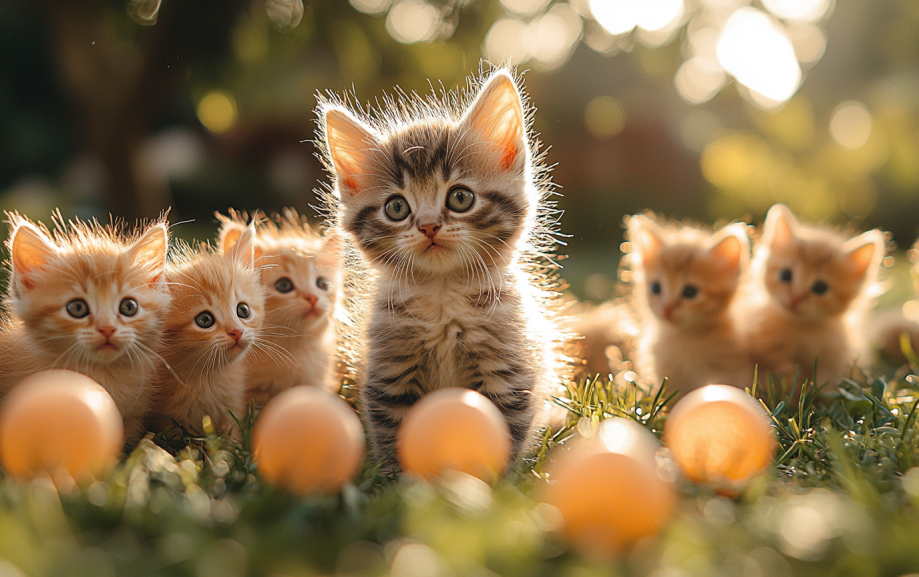 small fluffy kitten playing in the garden