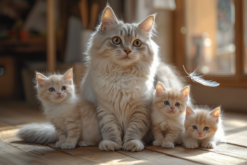 majestic Siberian mother with her kittens