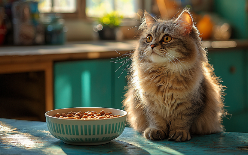 Adorable cat eating organic cat food