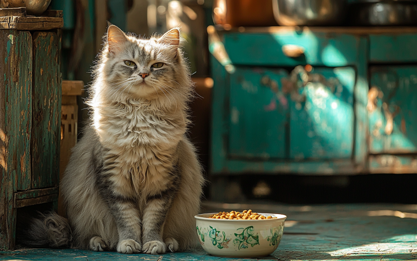 A fluffy cat next to his organic cat food bowl