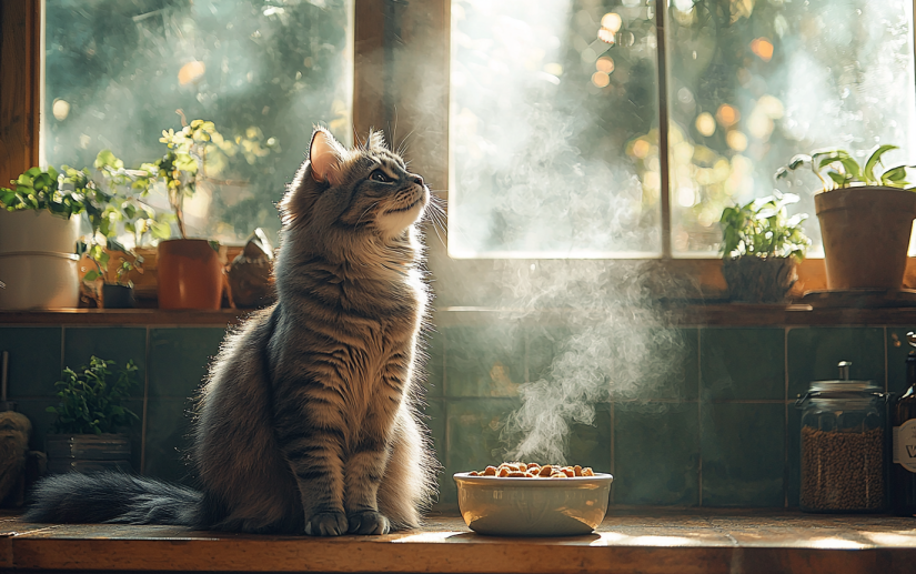 A fluffy cat next to his organic home made cat food bowl