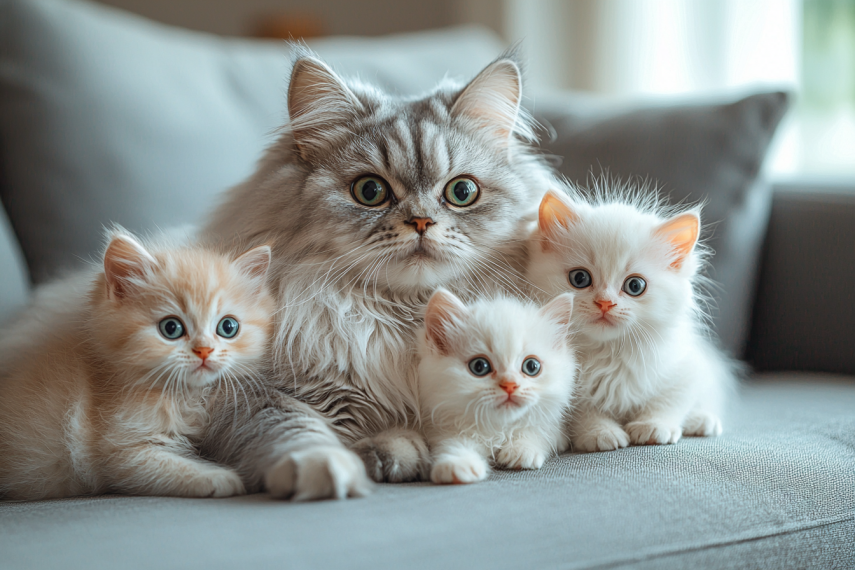 A regal Persian mother cat with a luxurious silver coat sits gracefully on a plush grey sofa