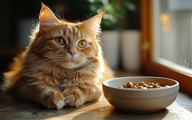 A ginger cat eating high quality cat food