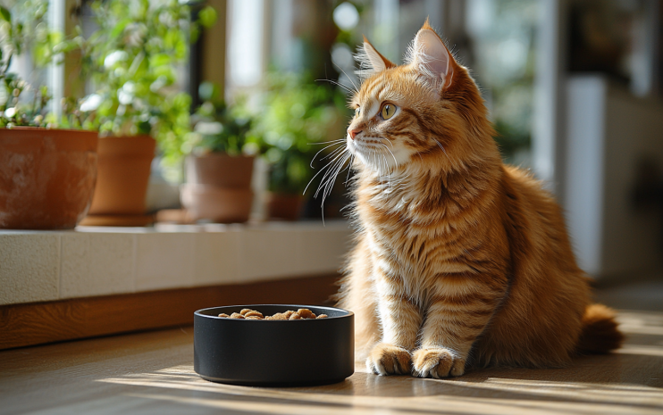 Beautiful ginger cat eating cat food