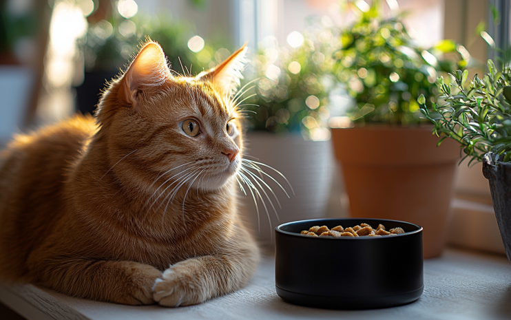 Adorable ginger cat eating cat food