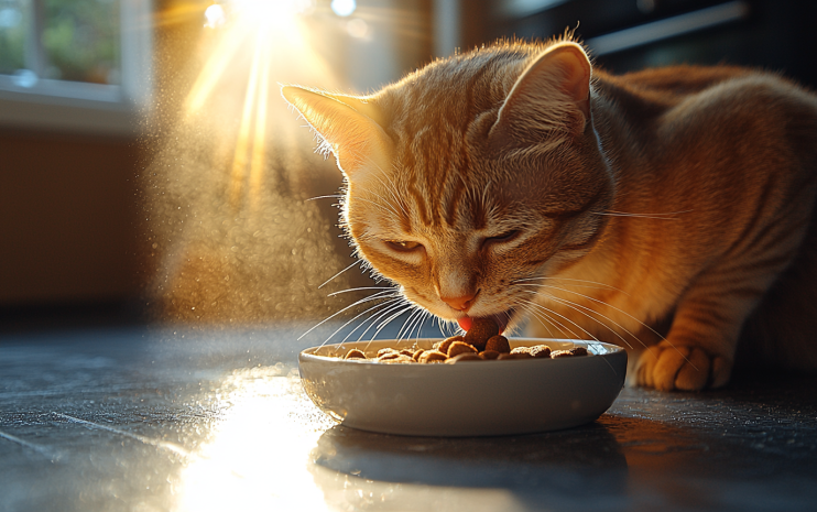 A senior ginger cat eating high quality cat food