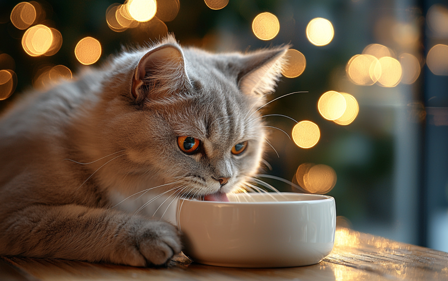 a cat eating from a white bowl