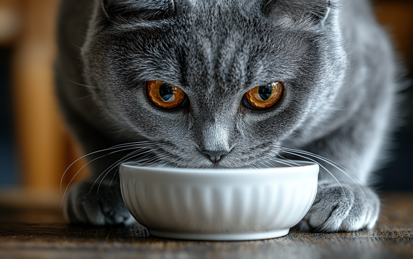 a grey cat eating from a white bowl