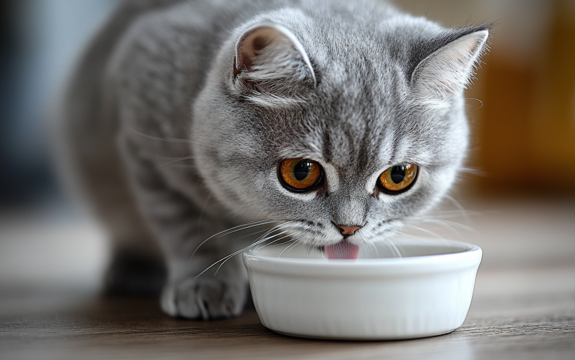 a fluffy grey cat eating from a white bowl