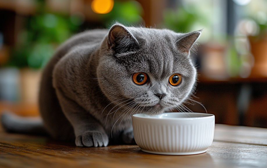 a cute cat eating from a white bowl