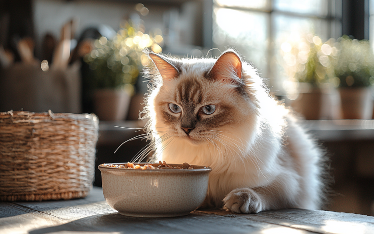 delicious wet cat food beside a cat