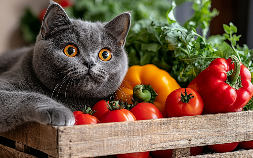 A cat that loves eating vegetables